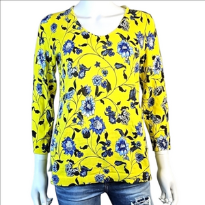 NWT Talbots 100% Cotton Yellow & Blue Floral Print V Neck Lightweight Sw…